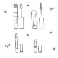 Cute doodle set with cosmetic products for make up. Mascara, lipstick and lip gloss with applicator, pencil for eyebrows and lips. Vector illustration with hand drawn outline isolated on background.