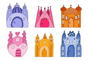 Cute set with fairy tale castles with towers of kings and queens. Bundle of magic medieval castles for kids nursery, children posters, bedroom design. Vector hand drawn doodle of royal kingdom