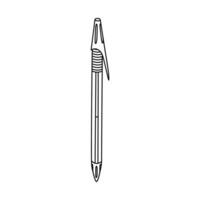 Cute hand drawn common pen in transparent plastic case with closed cap in doodle style. Ball ink pen for drawing and writing. Back to school supply and stationery for study and work. Vector clipart.