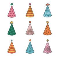 Cute set with birthday party hat in bright color with pompon above. Party cone, Christmas cap with cute decoration. Simple vector colorful doodle with hand drawn outline isolated on white background