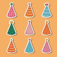 Set of stickers with birthday doodle for planners, notebooks. Ready for print list of cute stickers with party cone, Christmas cap. Simple birthday party hat in bright color with hand drawn outline vector