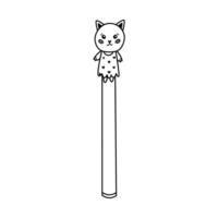Kawaii hand drawn pen with cute cat in the dress on the cap with doodle outline. Kids ball ink pen with kitty head for drawing and writing. Back to school supply and stationery for study and work vector