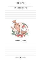 Recipe card template for cooking notes. Clean pages of the cookbook are decorated set of tools for making cakes, cookies and pastries. Vector illustration.