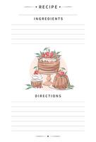 Recipe card template for cooking notes. Clean pages of the cookbook are decorated cake with berries. Vector illustration.