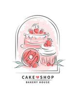 Cake, cupcake and berries. Vector illustration on white background for menu, recipe book, baking shop.