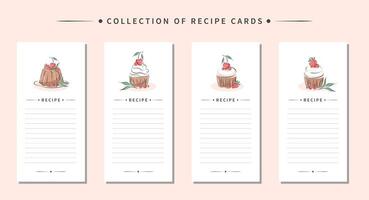 Collection of recipe card templates. Clean pages of the cookbook are decorated cakes and dessert. Vector illustration.