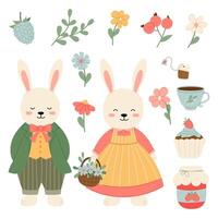 Couple of rabbits in flat style. Set of vector illustrations of hares with decorative elements. Rabbits in vintage clothes.