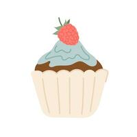 Chocolate muffin with cream and raspberries. Cupcake in flat style. Festive dessert. Pastry. vector