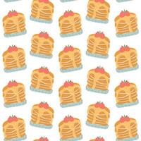 Pancakes on a plate with raspberries in flat style. Food pattern, baking pattern. Seamless pattern for textile, wrapping paper, background. vector