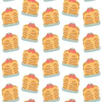 Pancakes on a plate with raspberries in flat style. Food pattern, baking pattern. Seamless pattern for textile, wrapping paper, background. vector