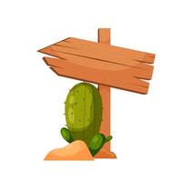 Wooden arrow indicating the path with a cactus. Wooden sign in flat style. Template for text. vector