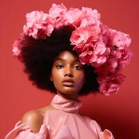 ai generado hermosa joven africano americano mujer con flores en su cabello. belleza, moda. foto
