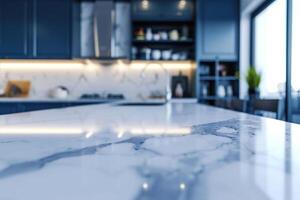 AI generated Closeup of white marble countertop in modern kitchen with blurred background photo