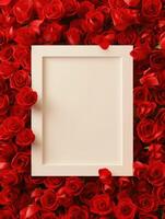 AI generated Blank photo frame with red roses on white background, top view