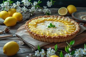 AI generated Lemon tart with fresh lemons and mint on a wooden background photo