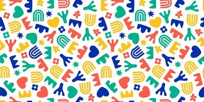 Colorful doodle repeat pattern with heart and abstract shapes. vector