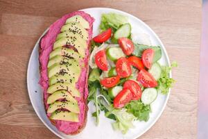 sandwich with avocado and hummus on plate photo