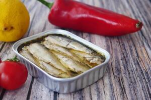 Canned sardines. Sea fish in tin can on kitchen table. photo