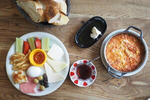 top view of turkish breakfast on table photo