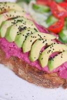 sandwich with avocado and hummus on plate photo