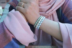 Jeweler bracelet on the female wrist. photo