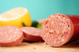 Close up of Traditional smoked salami sausage photo