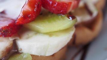 detail shot of chocolate waffle on a plate video