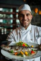 AI generated A smiling chef in uniform holds up an exquisite dish, smiling at the camera. The background is a restaurant interior. Generated by artificial intelligence. photo