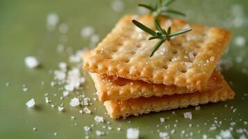AI generated A closeup of square crackers, arranged on top of each other against a light green background. Rosemary, thyme, salt crystals. Generated by artificial intelligence. photo