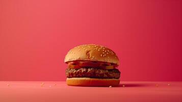 AI generated A burger on mono color studio with red background, product shooting vibes, the burger patty looking delicious. Generated by artificial intelligence. photo