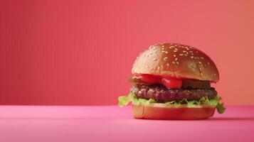 AI generated A burger on mono color studio with red background, product shooting vibes, the burger patty looking delicious. Generated by artificial intelligence. photo