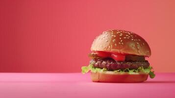 AI generated A burger on mono color studio with red background, product shooting vibes, the burger patty looking delicious. Generated by artificial intelligence. photo