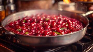 AI generated Freshly picked lingonberries in a pot. Vibrant red berries, jam, food photography. Generated by artificial intelligence. photo