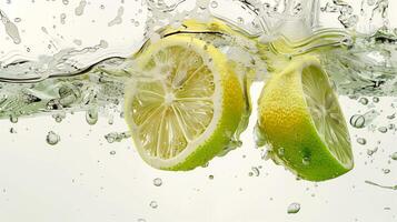 AI generated Green lemons halves colliding on the water. Water splash, white background, food photography. Generated by artificial intelligence. photo