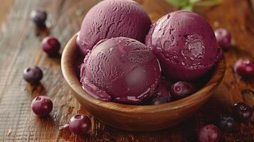 AI generated Three sorbet ball into bucket with dark purple ice cream. Top view shot, acai fruit flavour, white background, food photography. Generated by artificial intelligence. photo