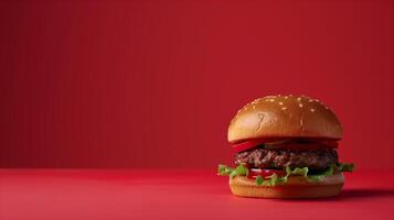 AI generated A burger on mono color studio with red background, product shooting vibes, the burger patty looking delicious. Generated by artificial intelligence. photo