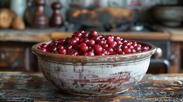 AI generated Freshly picked lingonberries in a pot. Vibrant red berries, jam, food photography. Generated by artificial intelligence. photo
