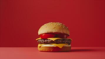 AI generated A burger on mono color studio with red background, product shooting vibes, the burger patty looking delicious. Generated by artificial intelligence. photo