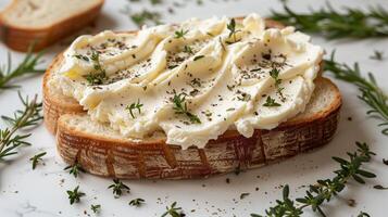 AI generated White bread with cream cheese and herbs on it with white background. Generated by artificial intelligence. photo