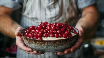 AI generated Freshly picked lingonberries in a pot. Vibrant red berries, jam, food photography. Generated by artificial intelligence. photo