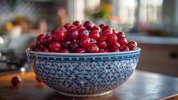 AI generated Freshly picked lingonberries in a pot. Vibrant red berries, jam, food photography. Generated by artificial intelligence. photo