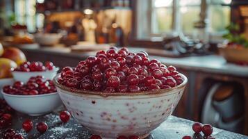 AI generated Freshly picked lingonberries in a pot. Vibrant red berries, jam, food photography. Generated by artificial intelligence. photo