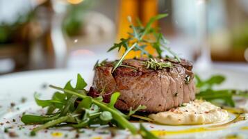 AI generated Filet Tenderlpin alongside arugula salad with white bechamel sauce cream on top. Steack, restoraunt, meat. Generated by artificial intelligence. photo