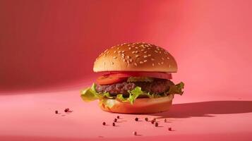 AI generated A burger on mono color studio with red background, product shooting vibes, the burger patty looking delicious. Generated by artificial intelligence. photo