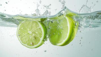 AI generated Green lemons halves colliding on the water. Water splash, white background, food photography. Generated by artificial intelligence. photo