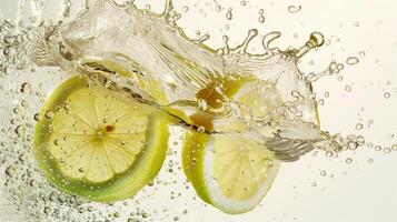 AI generated Green lemons halves colliding on the water. Water splash, white background, food photography. Generated by artificial intelligence. photo