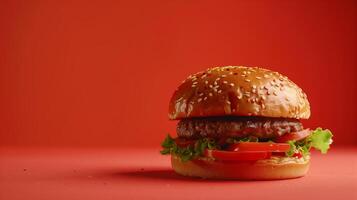 ai generado un hamburguesa en mono color estudio con rojo fondo, producto disparo vibras, el hamburguesa empanada mirando delicioso. generado por artificial inteligencia. foto