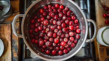 AI generated Freshly picked lingonberries in a pot. Vibrant red berries, jam, food photography. Generated by artificial intelligence. photo