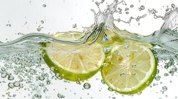 AI generated Green lemons halves colliding on the water. Water splash, white background, food photography. Generated by artificial intelligence. photo