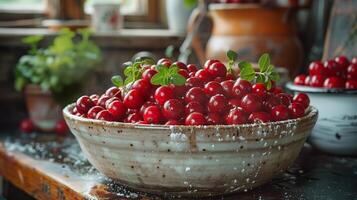 AI generated Freshly picked lingonberries in a pot. Vibrant red berries, jam, food photography. Generated by artificial intelligence. photo
